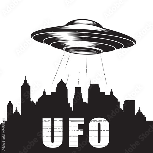 UFO over city silhouette, alien space ship, extraterrestrial flying saucer, ufo disk, vector
