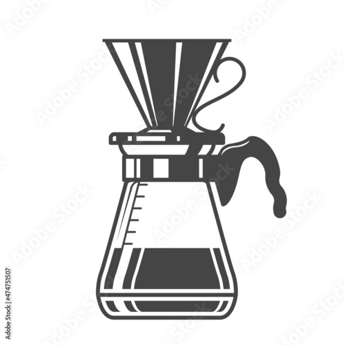 Brewed coffee pot, pour over coffee maker, indian paper filter coffee, vector