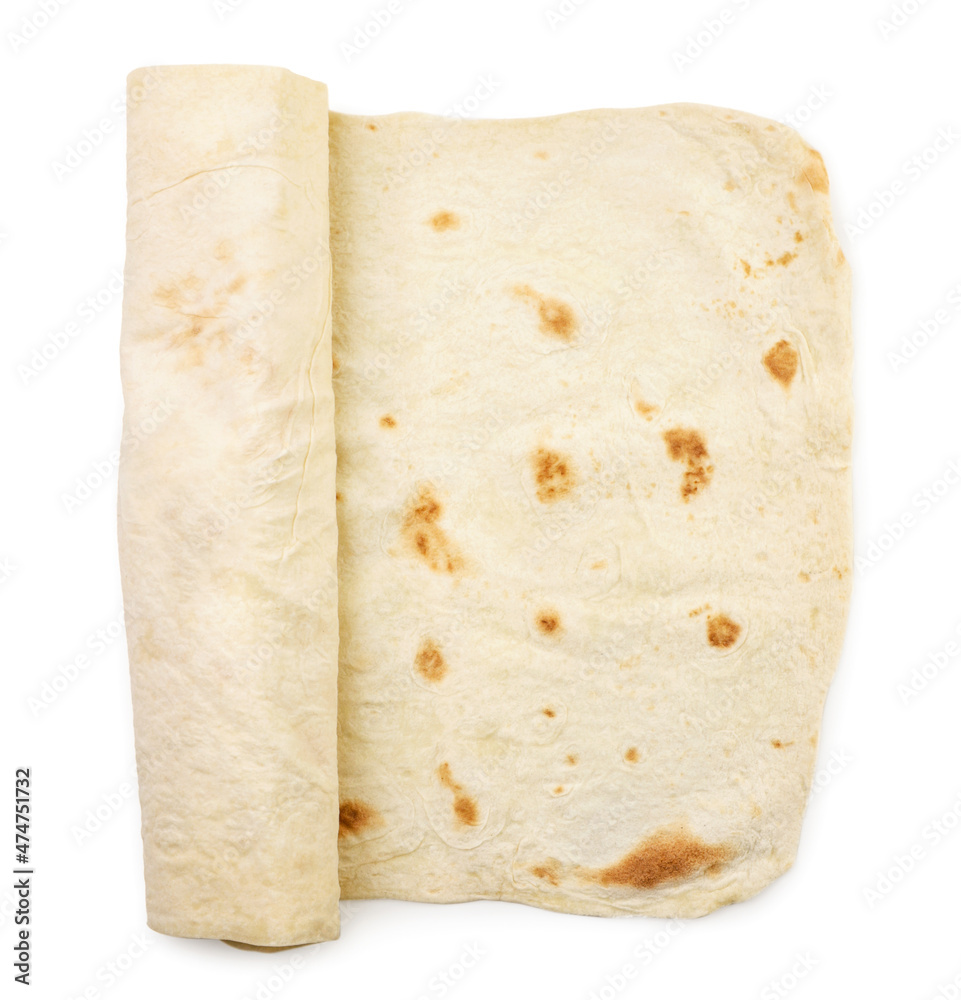Armenian thin rolled lavash on a white background, isolated. Top view Armenian thin rolled lavash on a white background, isolated. Top view