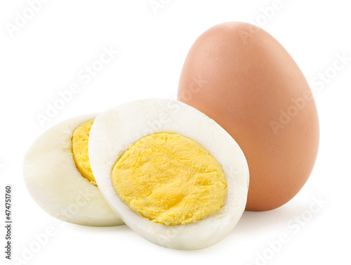 Boiled chicken egg, whole and half on a white background. Isolated
