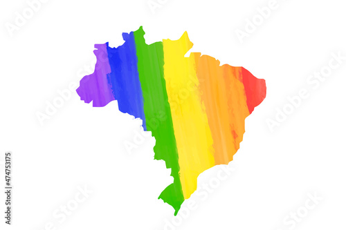 Detailed Brazil country silhouette map in LGBT PRIDE rainbow colours on white