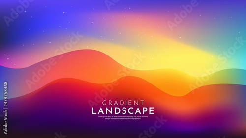 Vector illustration. Blurred minimalist wavy panoramic background. Bright gradient color. Futuristic style. Design for website, web page template, banner with text. Aurora borealis. Colorful night sky