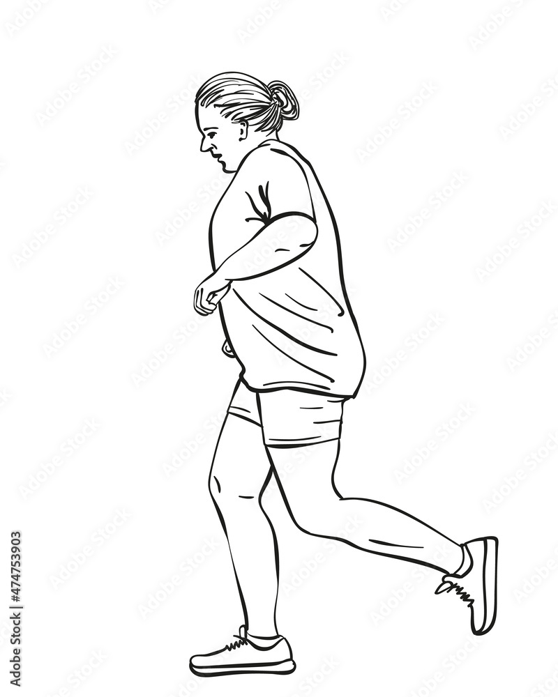 Sketch of running fat woman, Hand drawn vector linear illustration