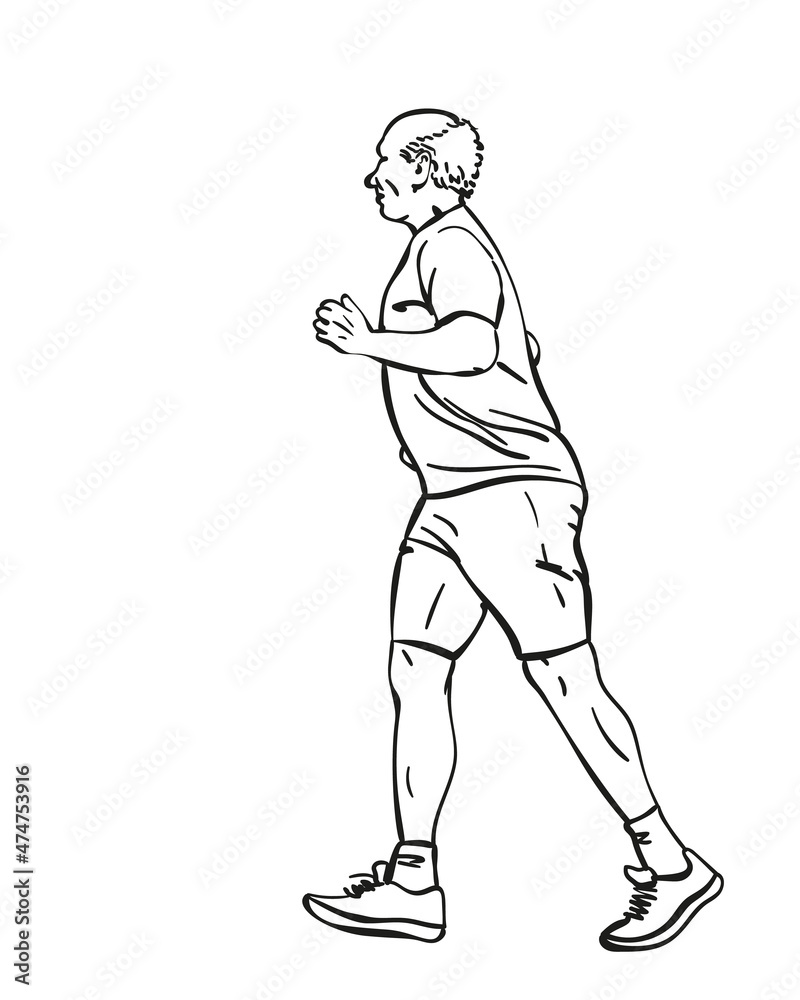 Sketch of running senior man, Hand drawn vector linear illustration