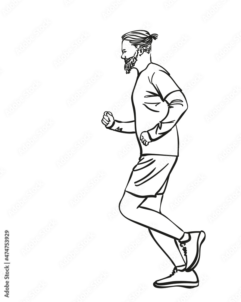Sketch of running man with hipster haircut and beard, Hand drawn vector linear illustration