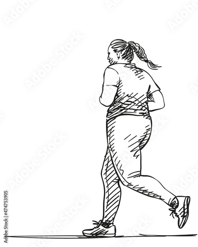 Sketch of running overweight woman  Hand drawn vector illustration
