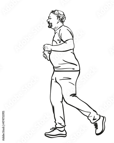 Sketch of running senior man, Hand drawn vector linear illustration