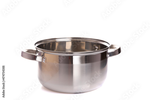empty stainless steel pan on white isolated background