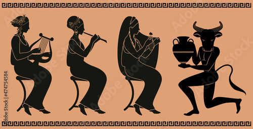 Representative figures of classical Greek ceramics. Three women playing music and minotaur