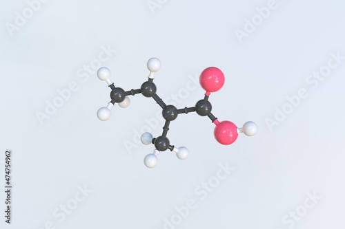 Tiglic acid molecule made with balls, isolated molecular model. 3D rendering