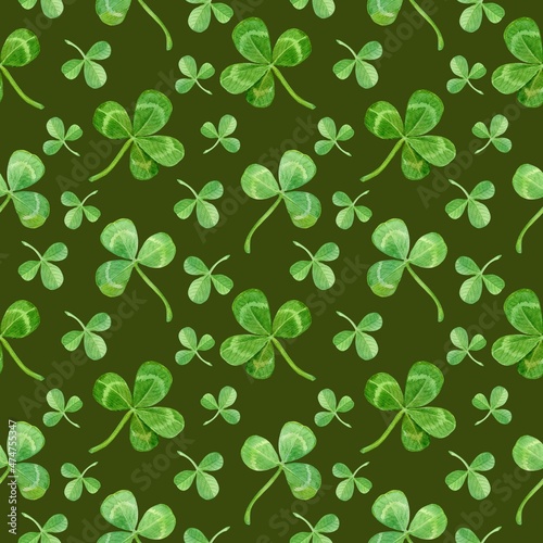A set of clover leaves - four-leaf and three-leaf. Seamless square pattern. Happy St. Patrick s Day