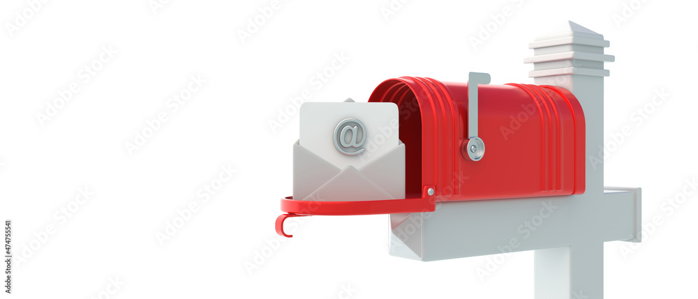 Incoming email. Red retro mailbox open isolated on white background, copy space. 3d illustration Incoming email. Red retro mailbox open isolated on white background, copy space. 3d illustration