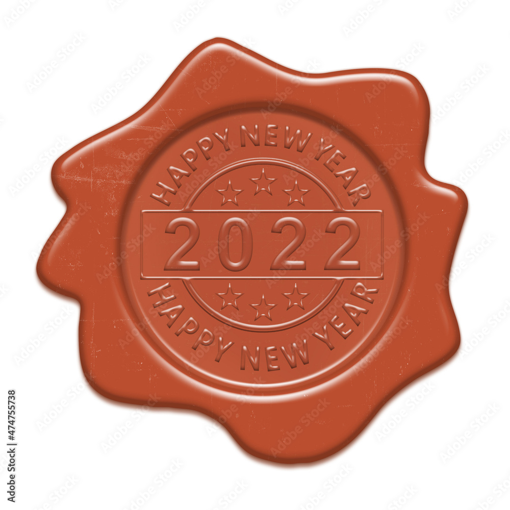 Red wax stamp (seal) with congratulations signs inside. 2022 Happy New Year. Isolated on white. Illustration without reference Red wax stamp (seal) with congratulations signs inside. 2022 Happy New Year. Isolated on white. Illustration without reference