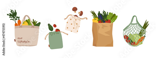 Set of mesh, net, paper and textile tote bags for shopping, storage for eco friendly living. No plastic bags. Vegan zero waste lifestyle concept. Colorful shoppers vector illustration.