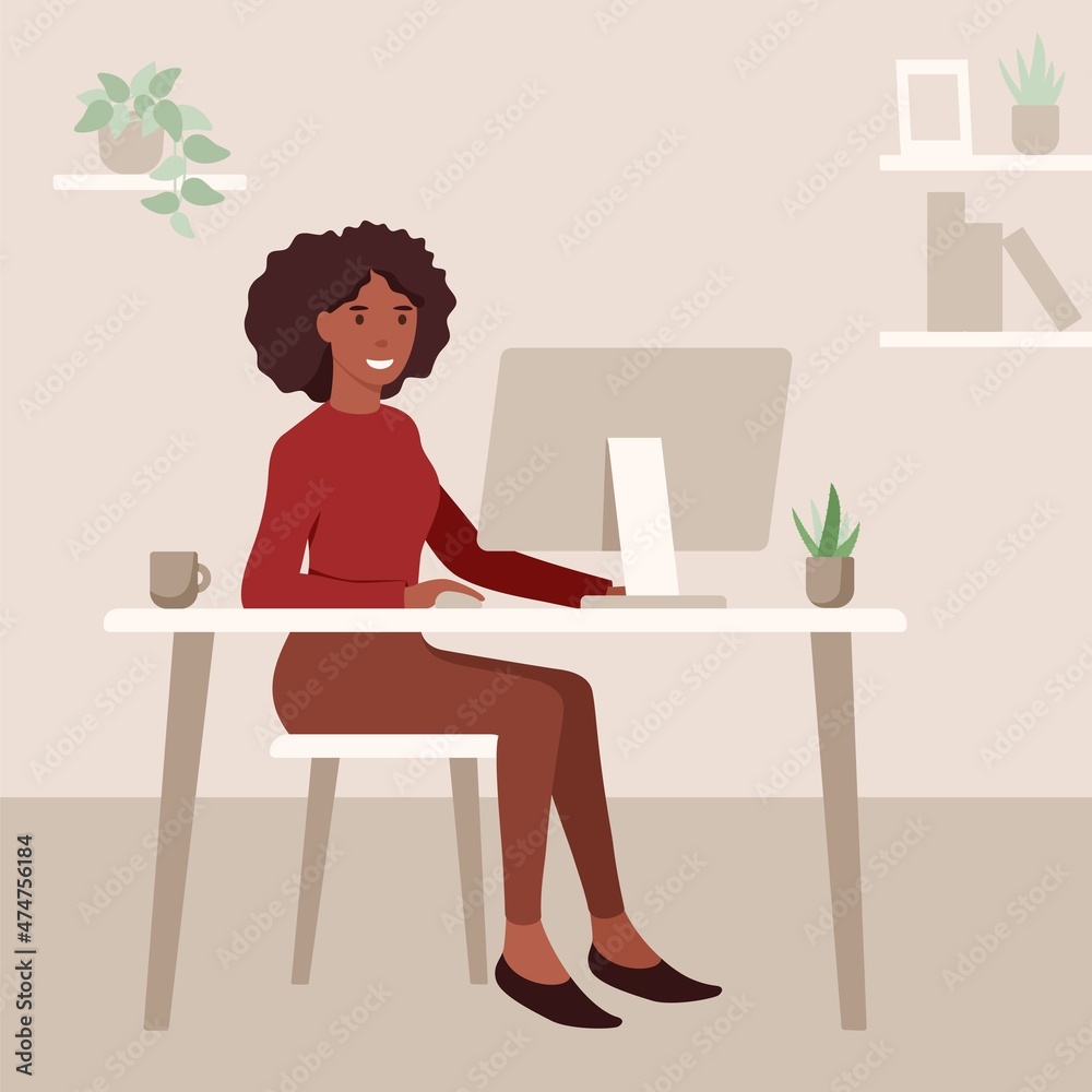 African busineswoman is working remotely and using the computer. Concept of freelance and remote occupation. flat illustration. African busineswoman is working remotely and using the computer. Concept of freelance and remote occupation. flat illustration.