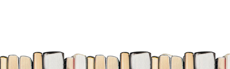 Book border isolated on white background. Literature banner with copy space for text. Row of paper textbooks for decoration.