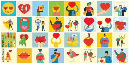 Share your Love. Hands and people with hearts as love massages. Vector illustration for Valentine's day in the flat style