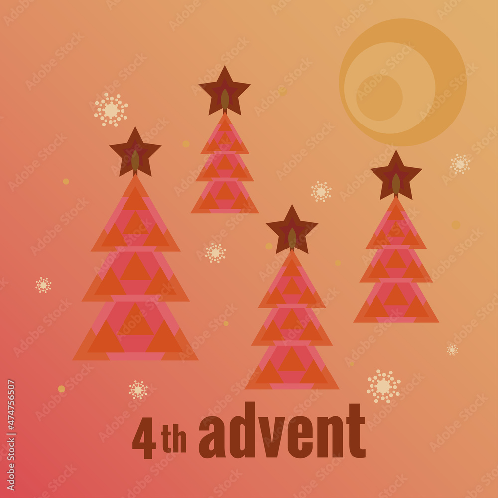 Winter forest, four trees, three trees with burning stars, snowflakes, moon. Third Sunday of Advent. Vector illustration in flat style. Countdown of Christmas, for social networks, banners.