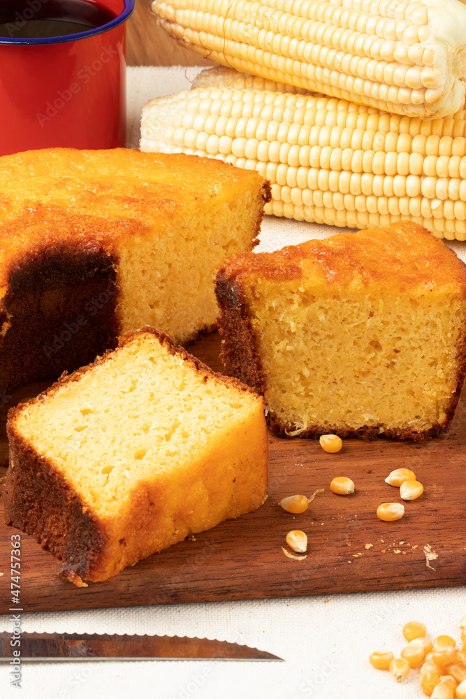 Typical sliced corn cake on cutting board. Typical sliced corn cake on cutting board.