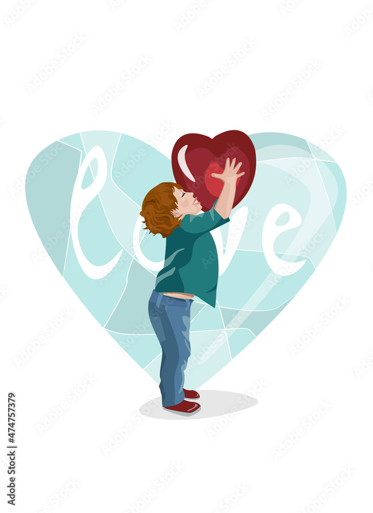 Little smiling boy holding a heart in his hands against the background of the inscription Little smiling boy holding a heart in his hands against the background of the inscription