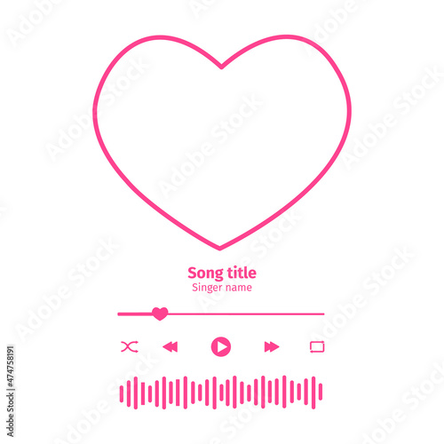 Music player interface with buttons, loading bar, sound wave sign and heart shaped frame for album photo. Trendy song plaque, template for romantic Valentine day gift. Vector outline illustration.
