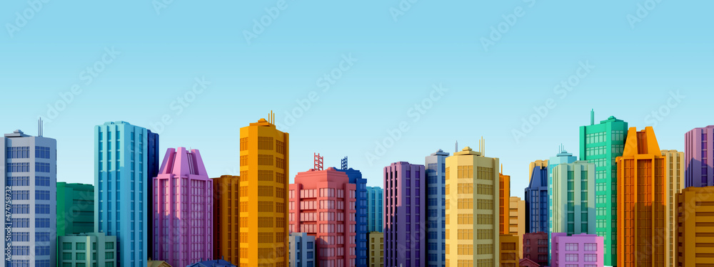 Urban view with colorful skyscrapers.The city background concept.3d rendering