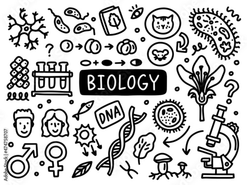 Biology doodle line set school university. Outline subject.