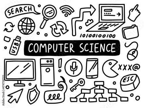 Computer science doodle line set school university. IT Outline subject.