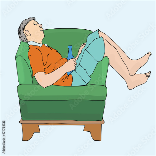Feeling unwell after drinking alcohol. A man lies with a bottle in his hand