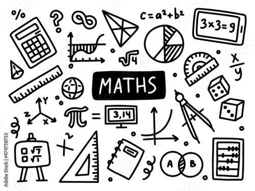 Maths doodle line set school university. Outline subject.