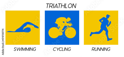 Triathlon. Silhouettes of athletes. Competition in swimming, cycling and running. Vector flat illustration