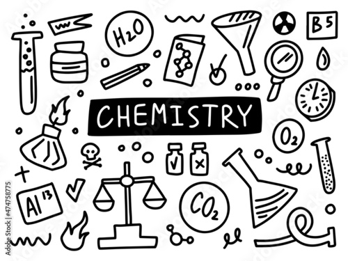 Chemistry doodle line set school university. Outline subject.