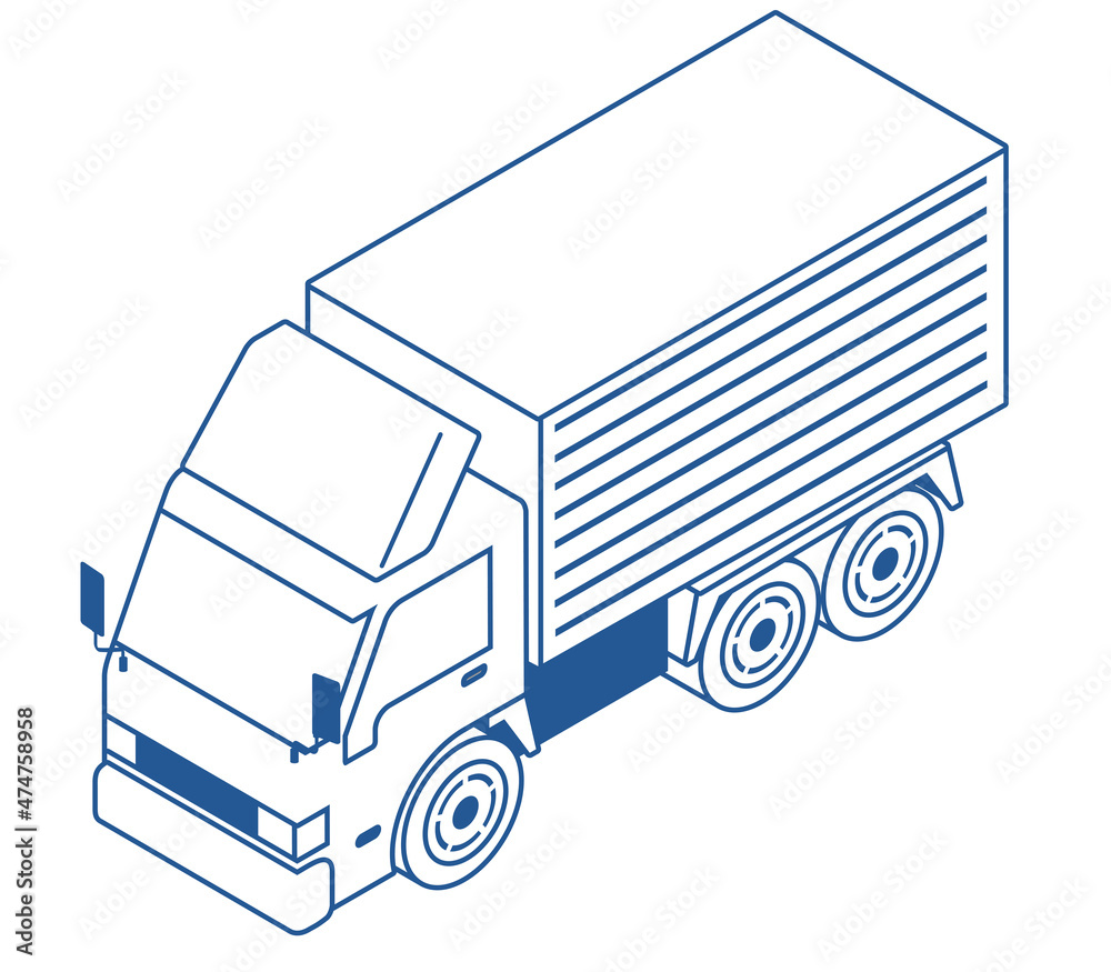 線画　大型貨物自動車　大型トラック　ローリー　働く車　働く自動車のアイソメトリックス　デフォルメイラスト