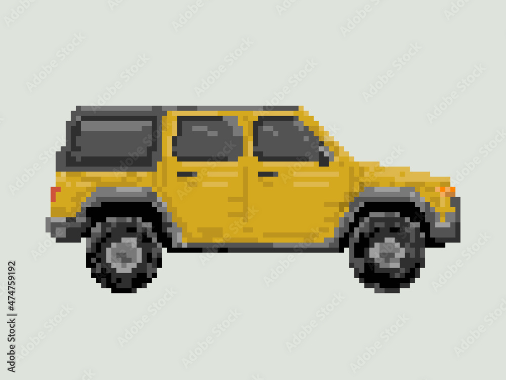 Illustration of orange suv car in pixel art style