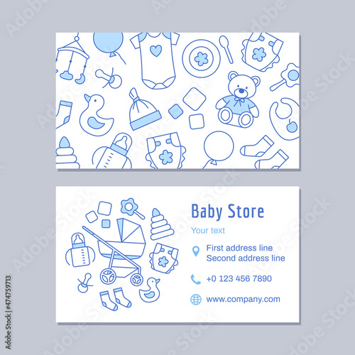 Baby store discount card outline design template. Thin line visit identity on white background. Kids clothing, toys, diaper, furniture. Business contact, mobile phone, web vector illustration.