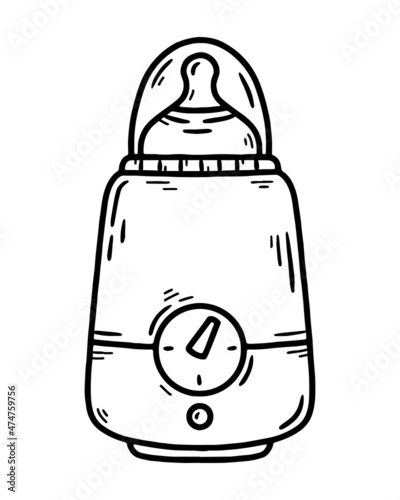 Baby bottle sterilizer and warmer for women's milk during lactation and breastfeeding, vector sketch doodle icon. Maternity and special devices