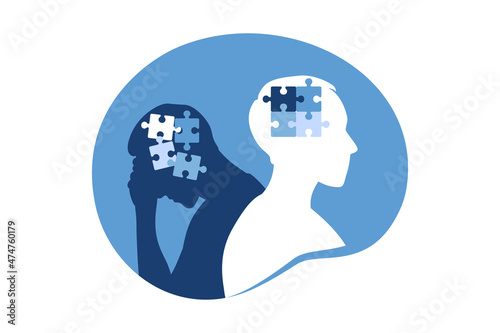 Mental illness and disorder concept. Head profile with of a healthy man and head profile with puzzle pieces falling apart. Vector illustration. Flat.