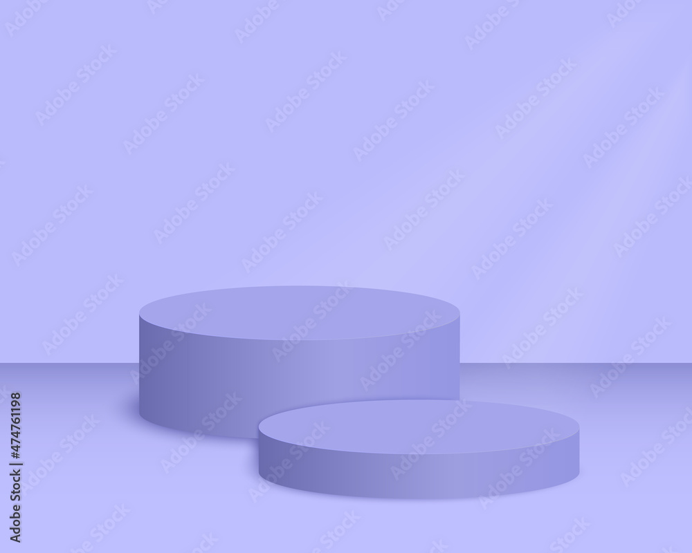 Round purple podiums. Empty pedestal mockup in trendy very peri colors for product presentation. Clean cylindrical showcase platform. Vector realistic illustration in minimalism style. Round purple podiums. Empty pedestal mockup in trendy very peri colors for product presentation. Clean cylindrical showcase platform. Vector realistic illustration in minimalism style.