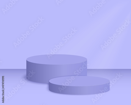 Round purple podiums. Empty pedestal mockup in trendy very peri colors for product presentation. Clean cylindrical showcase platform. Vector realistic illustration in minimalism style.