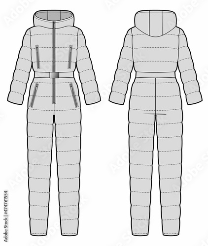 Down jumpsuit with hood and belt, fashion sketch.