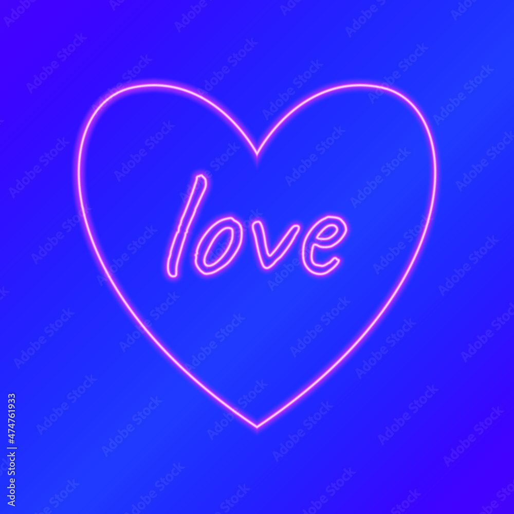 vector illustration of a neon pink heart with the text love