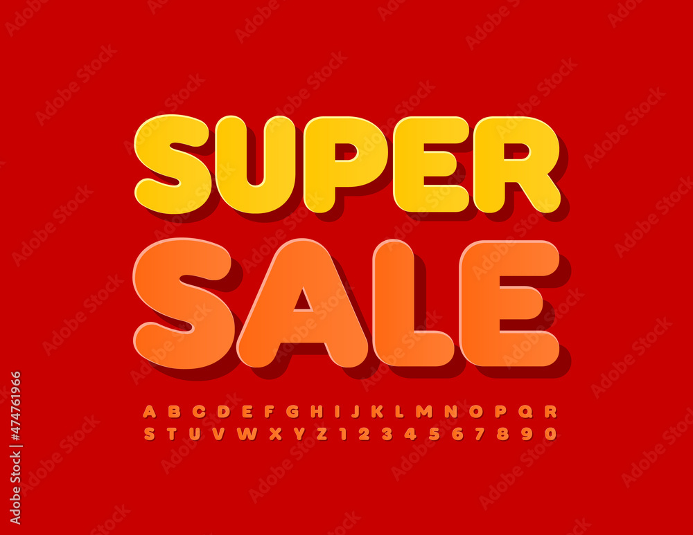 Vector colorful Banner Super Sale. Trendy Bright Font. Artistic Alphabet Letters and Numbers
