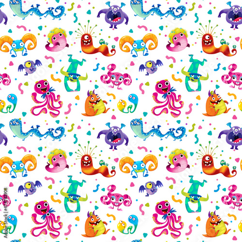 Monsters and colorful aliens, Seamless pattern on a white background. Cheerful childrens multicolored illustration with cute funny and childish characters in cartoon style, hand drawing
