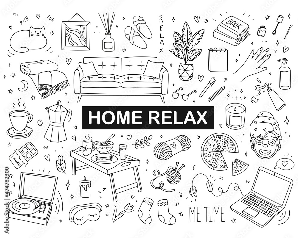 Collection Working from home. Stay-at-Home. Work in quarantine. Set home elements. Home relaxation, beauty procedures, routine. Vector illustration in doodle style. Freelance. day off
