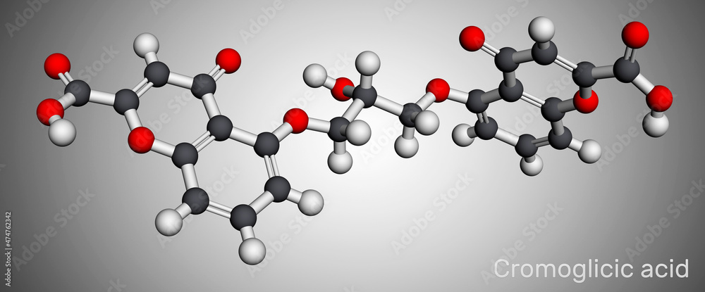 Cromoglicic acid, cromolyn, cromoglycate, cromoglicate molecule. It is antihistamine medication used to treat asthma, allergic reactions of the eyes and nose. Molecular model. 3D rendering