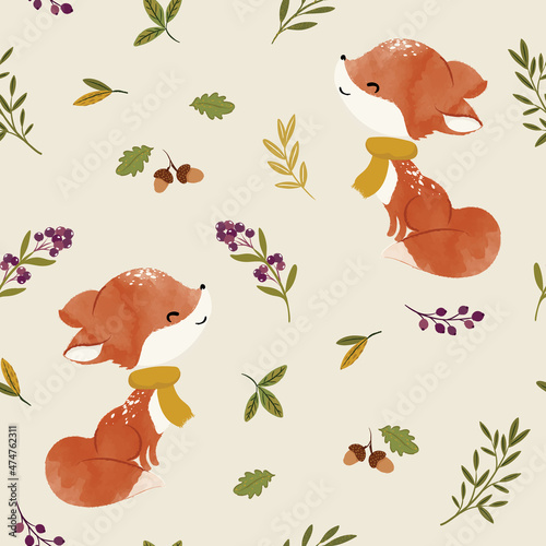 Fototapeta Naklejka Na Ścianę i Meble -  Cute little fox with autumn flowers and leaves, seamless pattern design, animal nursery illustration for children. Watercolor boho forest illustration, watercolor, autumn flowers.