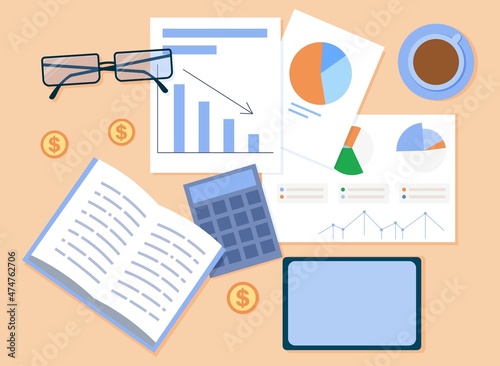 Mess on desktop. Documents, glasses,calculator and coffee. Workplace of hard working employee of analytical department. Top view on paper and writing supplies. Cartoon flat vector illustration