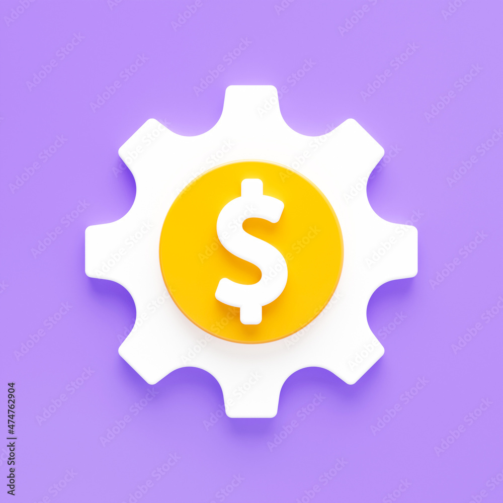 Dollar gear minimal icon Symbol in 3D rendering isolated on purple background