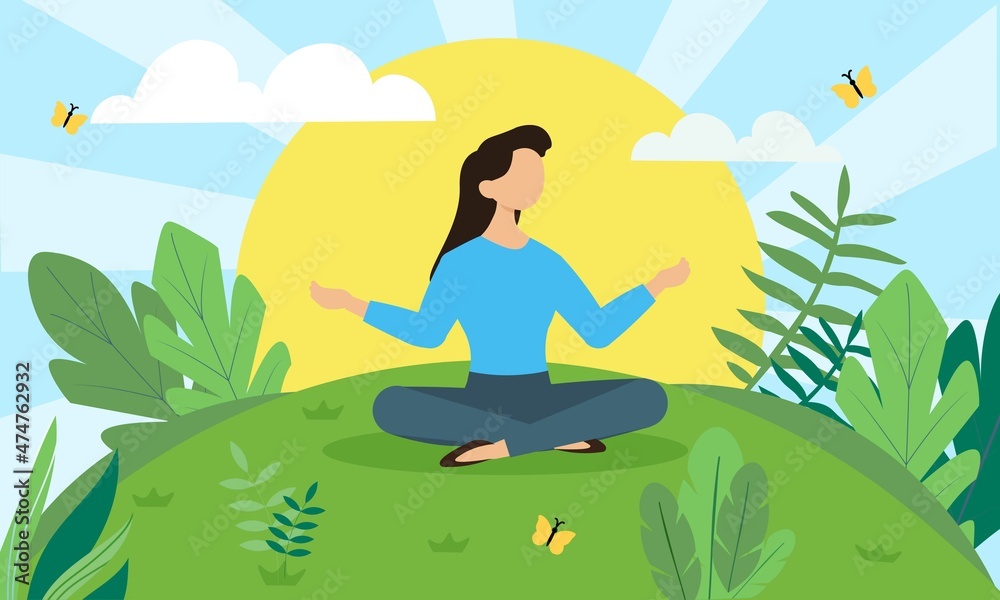 Meditation on nature. Girl in lotus position learns Zen. Yoga and selfcare, stretching, sports. Metaphor of serenity and inner balance. Woman sitting in park. Cartoon flat vector illustration