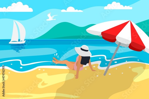 Summer girl sits on the sand on the beach with her back Girl in white swimsuit with big hat at her head is sitting on beach with seascape seashore ahead, in sunbeams Back view Summer holiday loading